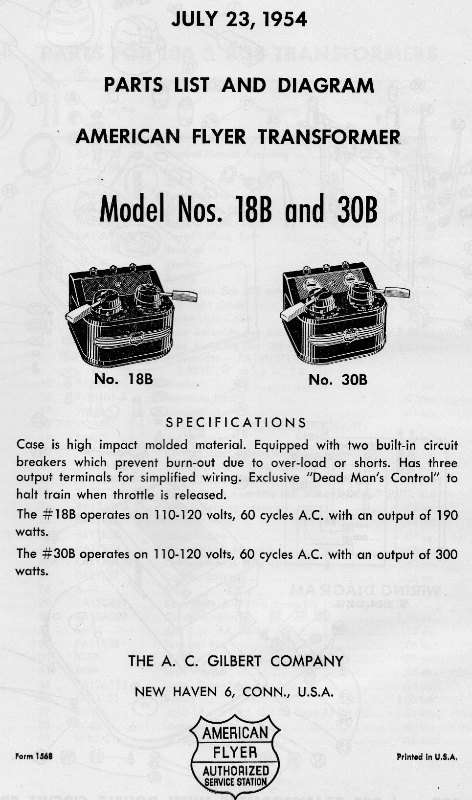 American Flyer Transformer No. 18B & 30B Parts List and Diagram - Page 1