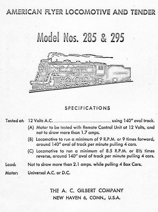 American Flyer Locomotive 285 & 295 Pacific Parts List & Diagram