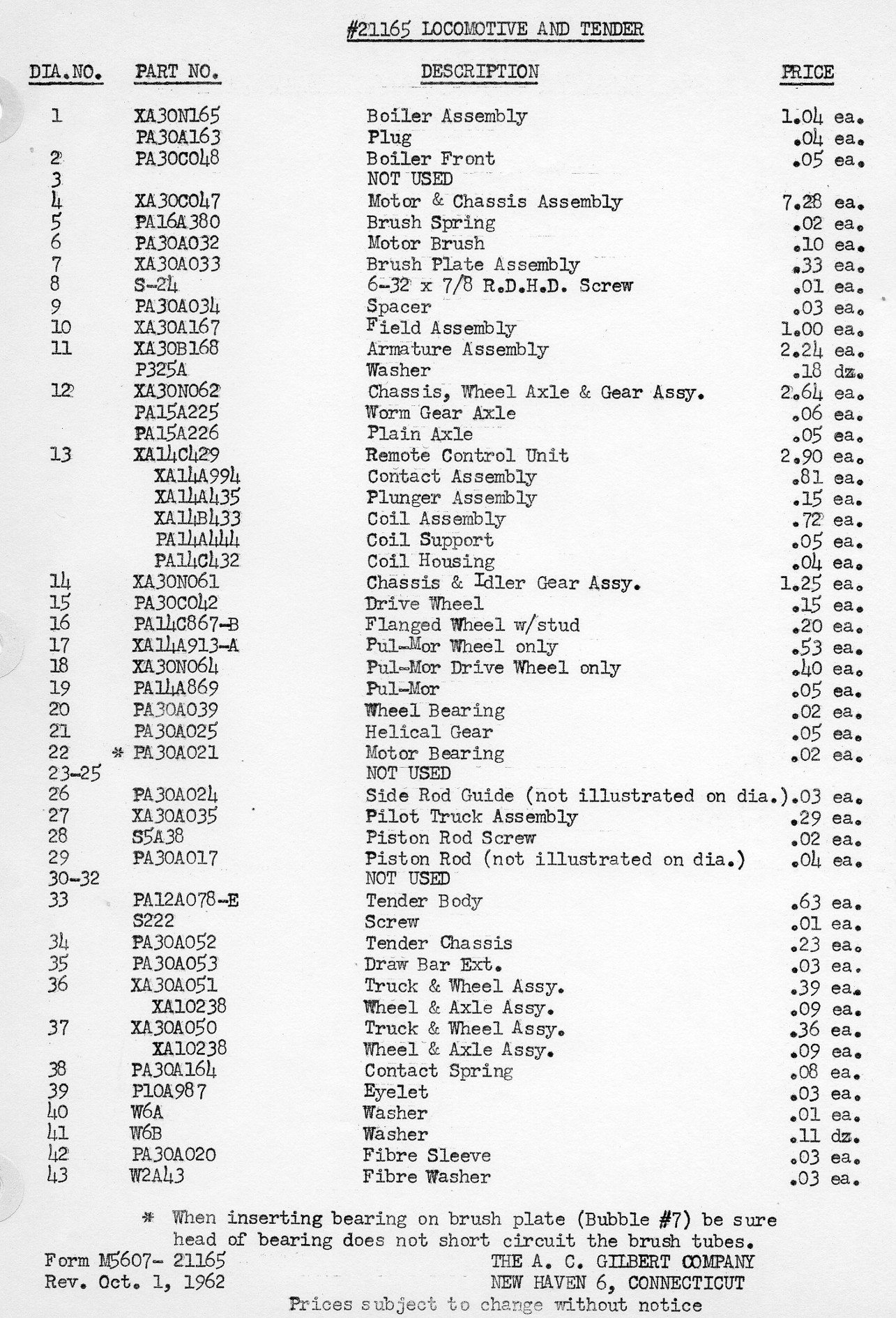 American Flyer Locomotive 21165 Parts List