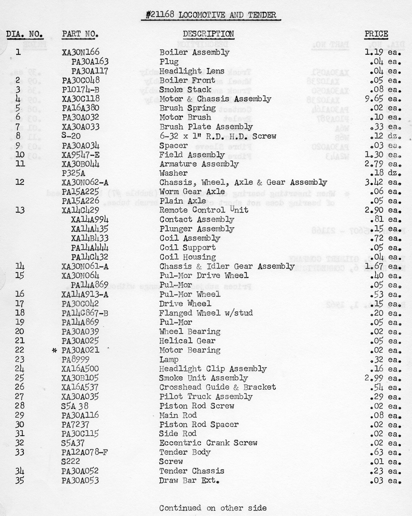 American Flyer Locomotive & Tender 21168 Casey Jones Parts List - Page 1