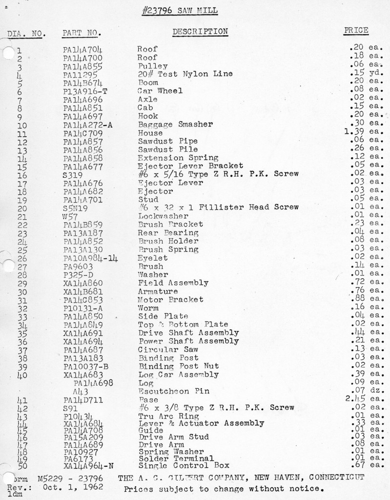 American Flyer Sawmill 23796 Parts List