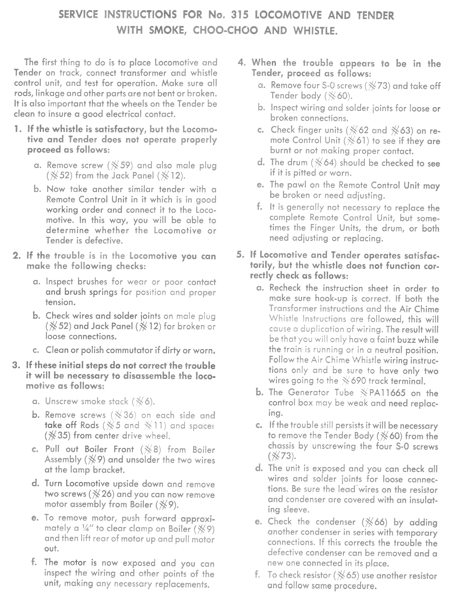 Service Instructions for No. 315 Locomotive and Tender