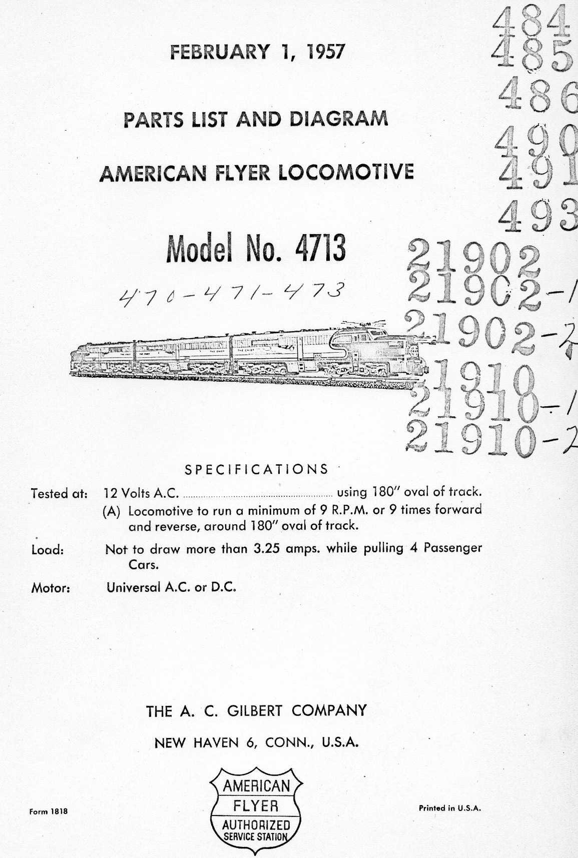 American Flyer Locomotive 4713 Parts List & Diagram - Page 1