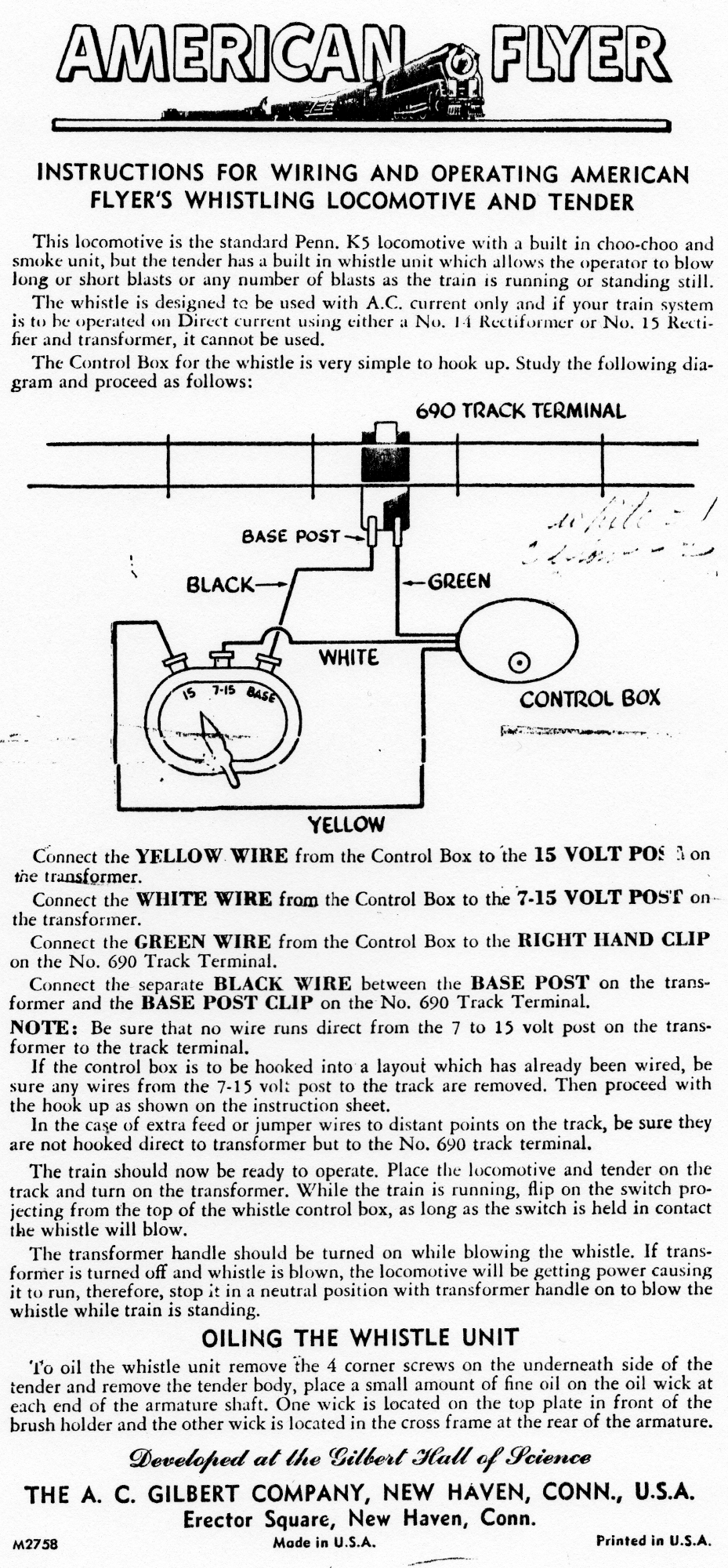 Instructions for Wiring and Operating American Flyer's Whistling Locomotive & Tender